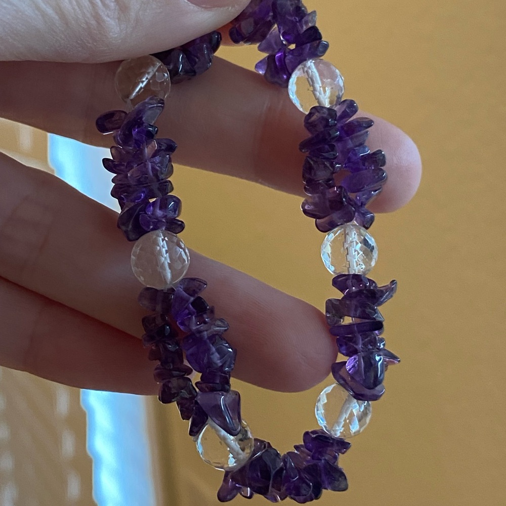 Natural Amethyst Chip and Faceted Clear Quartz Bracelet-Standard Stretch Wrist